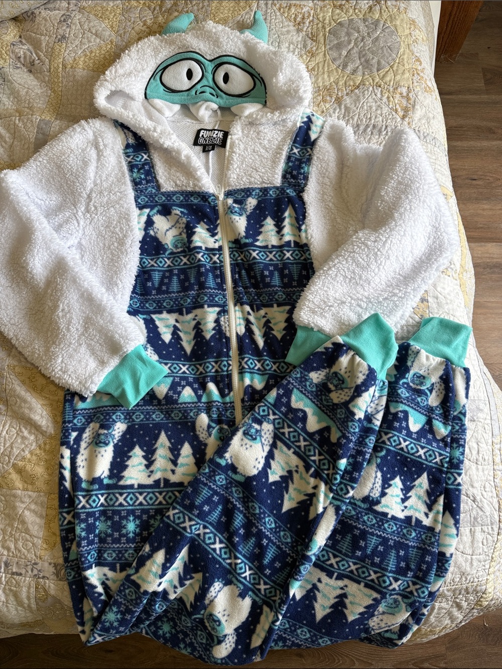 Cozy Fleece Monster Onesie - White & Navy with Mint Accents